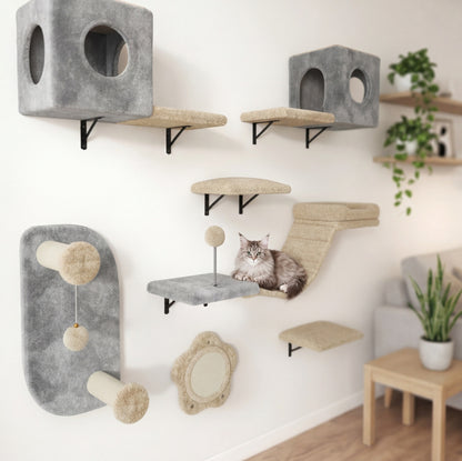 Le Hêtre — Arbre à Chat Mural 8 Pièces Flanelle Gris-Beige