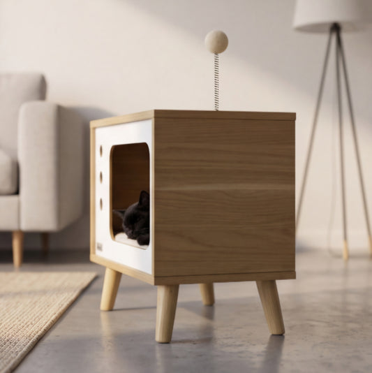 Niche pour chat design TV rétro avec coussin et balle - 50x28x43cm