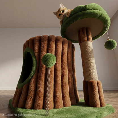 Designer cat tree with scratching post, cave, and bed — 53 cm