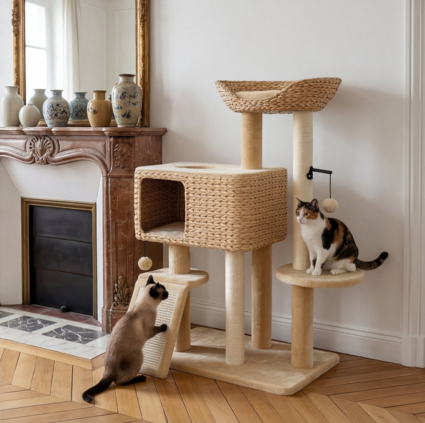 Le Rotin — Arbre à Chat 98 cm Niche Jacinthe d'Eau & Sisal