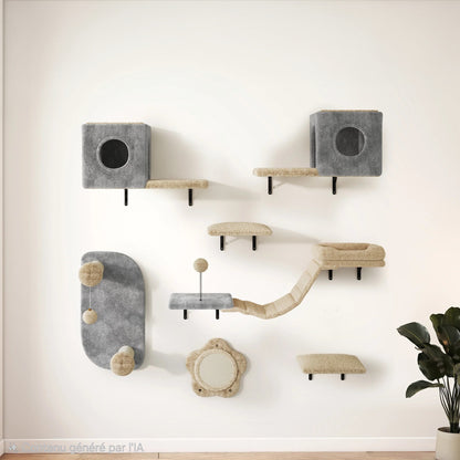 Le Hêtre — Arbre à Chat Mural 8 Pièces Flanelle Gris-Beige