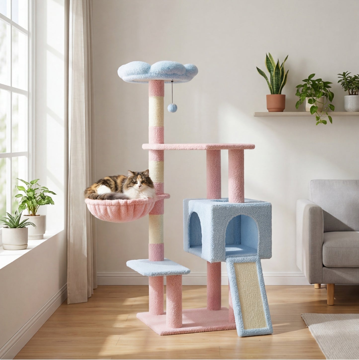 La Marguerite — Arbre à Chat 120 cm Perchoir Fleur & Niche 3 Portes