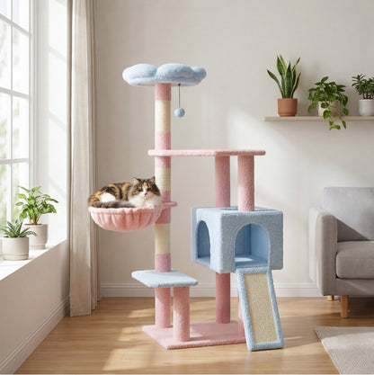 La Marguerite — Arbre à Chat 120 cm Perchoir Fleur & Niche 3 Portes