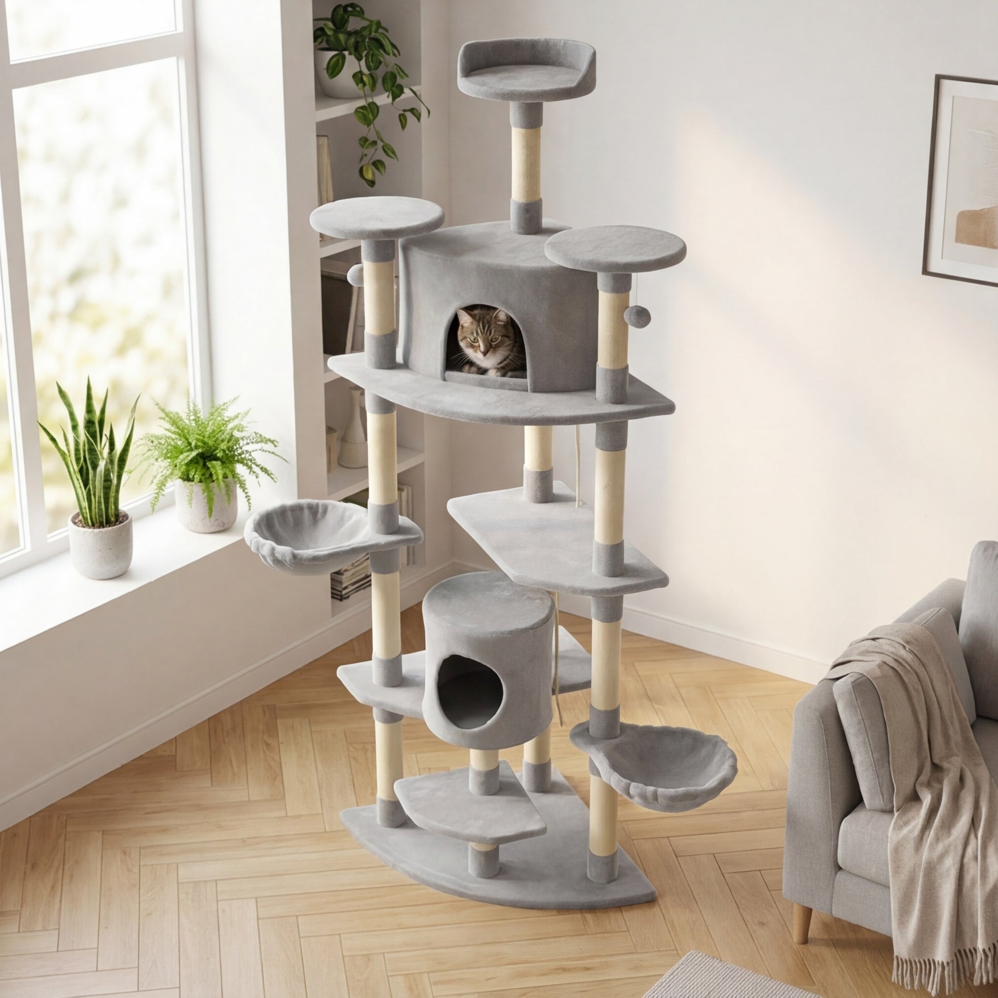 XXL Kratzbaum „Everest“ 200 cm mit 2 Häusern und 2 Hängematten aus Sisal — onmycat