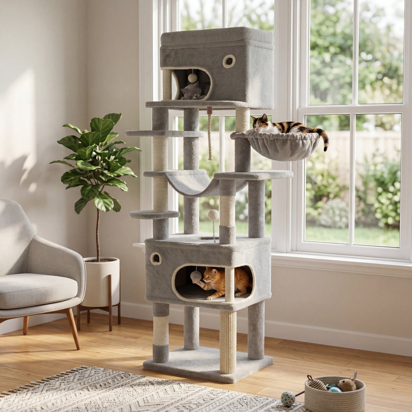 Arbre à chat XXL – 178 cm, 2 grottes & 7 griffoirs