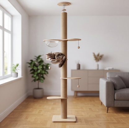Katzenkratzbaum Deckenhoch aus Holz | Verstellbar 200-261 cm, Sisalkratzflächen, Acrylhöhle