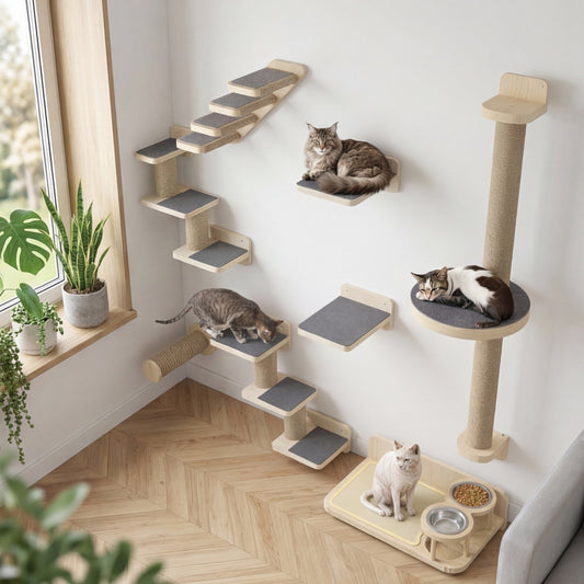 Le Mélèze — Arbre à Chat Mural 8 Pièces Pin & Sisal avec Gamelles