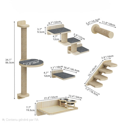 Larch — 8-Piece Wall-Mounted Cat Tree in Pine & Sisal with Bowls