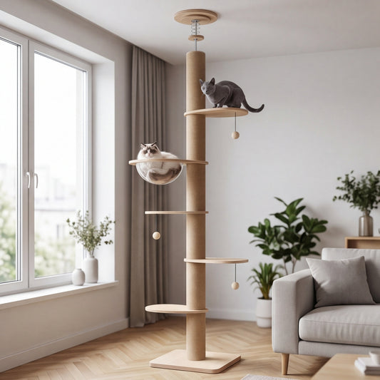 Arbre à Chat Sol-Plafond en Bois | Réglable 200-261 cm, Griffoirs Sisal, Grotte Acrylique