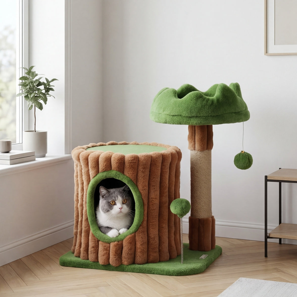 Designer cat tree with scratching post, cave, and bed — 53 cm