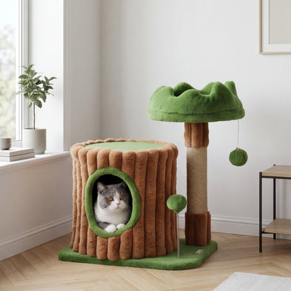 Designer cat tree with scratching post, cave, and bed — 53 cm
