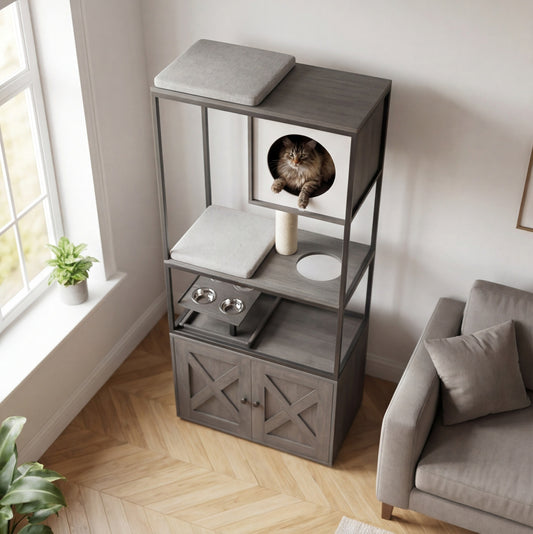 Kompletter Katzenbaum mit integrierter Katzentoilette und Futternäpfen – 146 cm