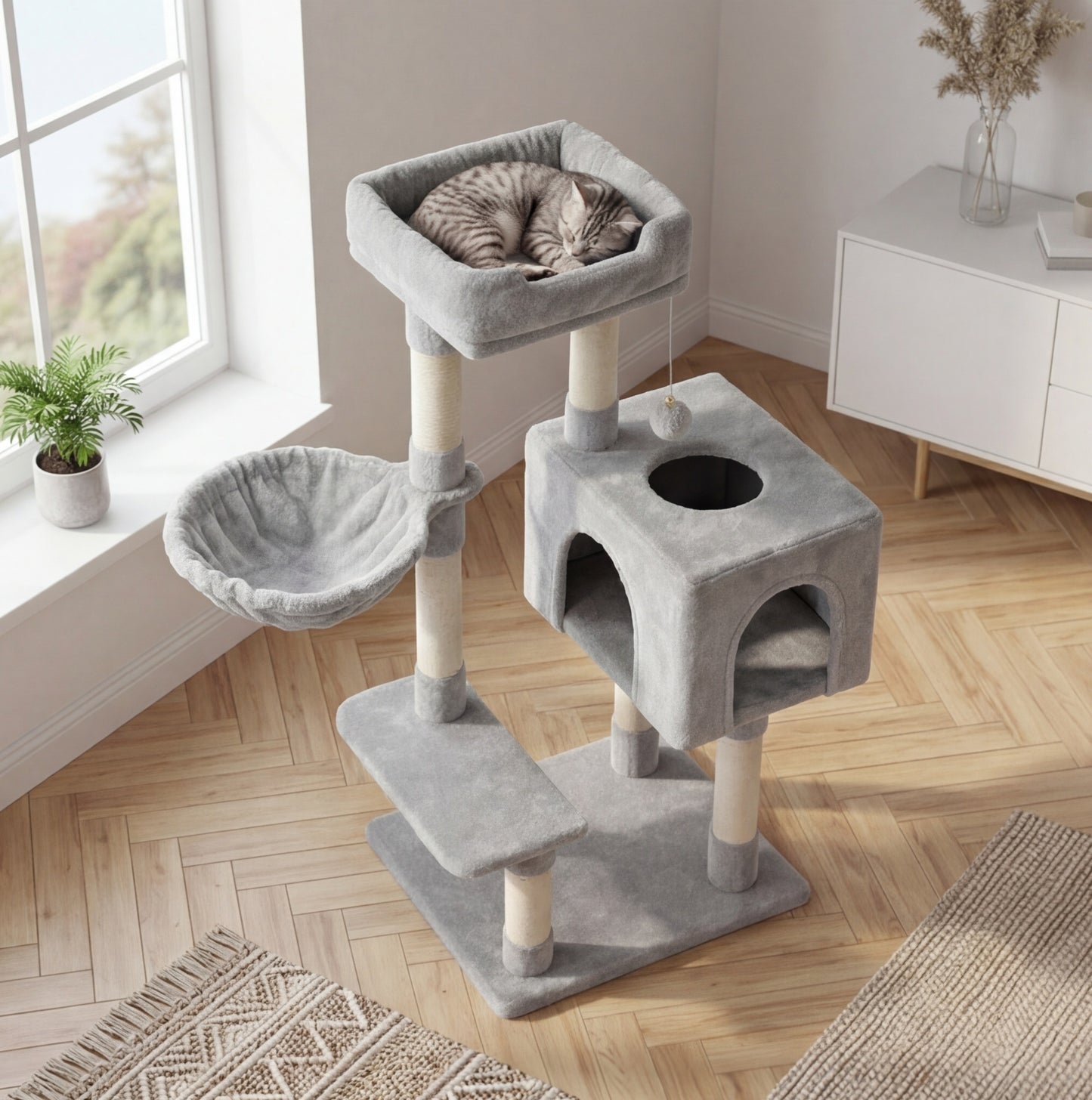 Arbre à chat 100 cm — 7 griffoirs, maison 3 portes et hamac