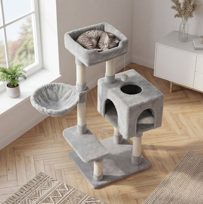 Arbre à chat 100 cm — 7 griffoirs, maison 3 portes et hamac