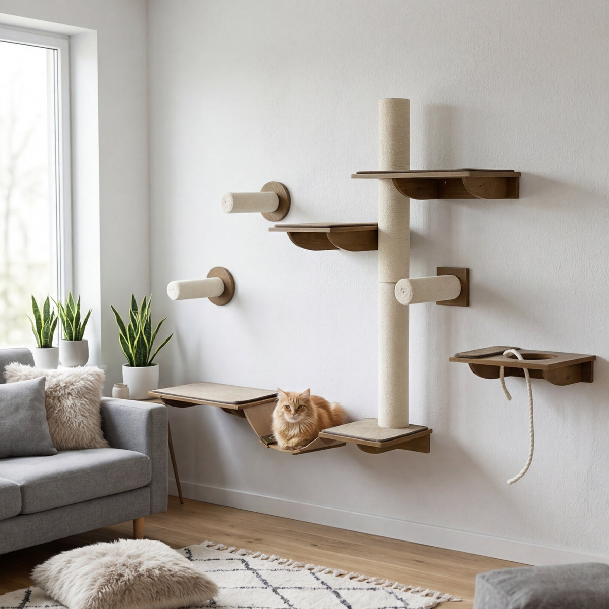 Le Châtaignier — Arbre à Chat Mural 8 Pièces Sisal Marron-Crème