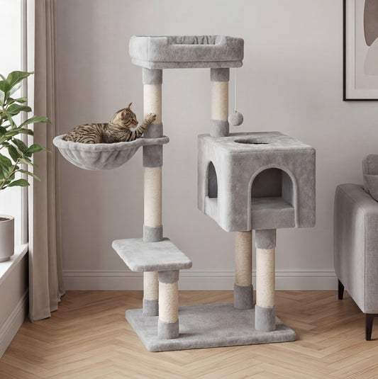 Arbre à chat 100 cm — 7 griffoirs, maison 3 portes et hamac