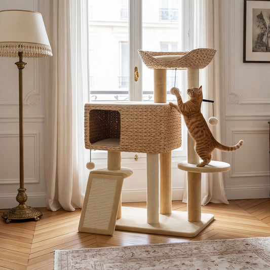 Le Rotin — Arbre à Chat 98 cm Niche Jacinthe d'Eau & Sisal