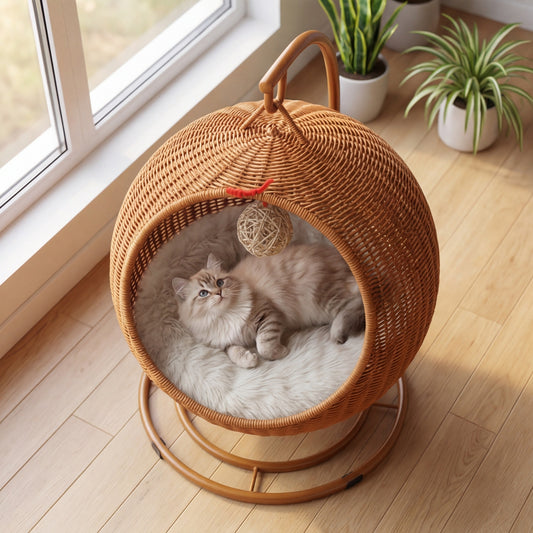 Balançoire suspendue pour chat en rotin tressé main