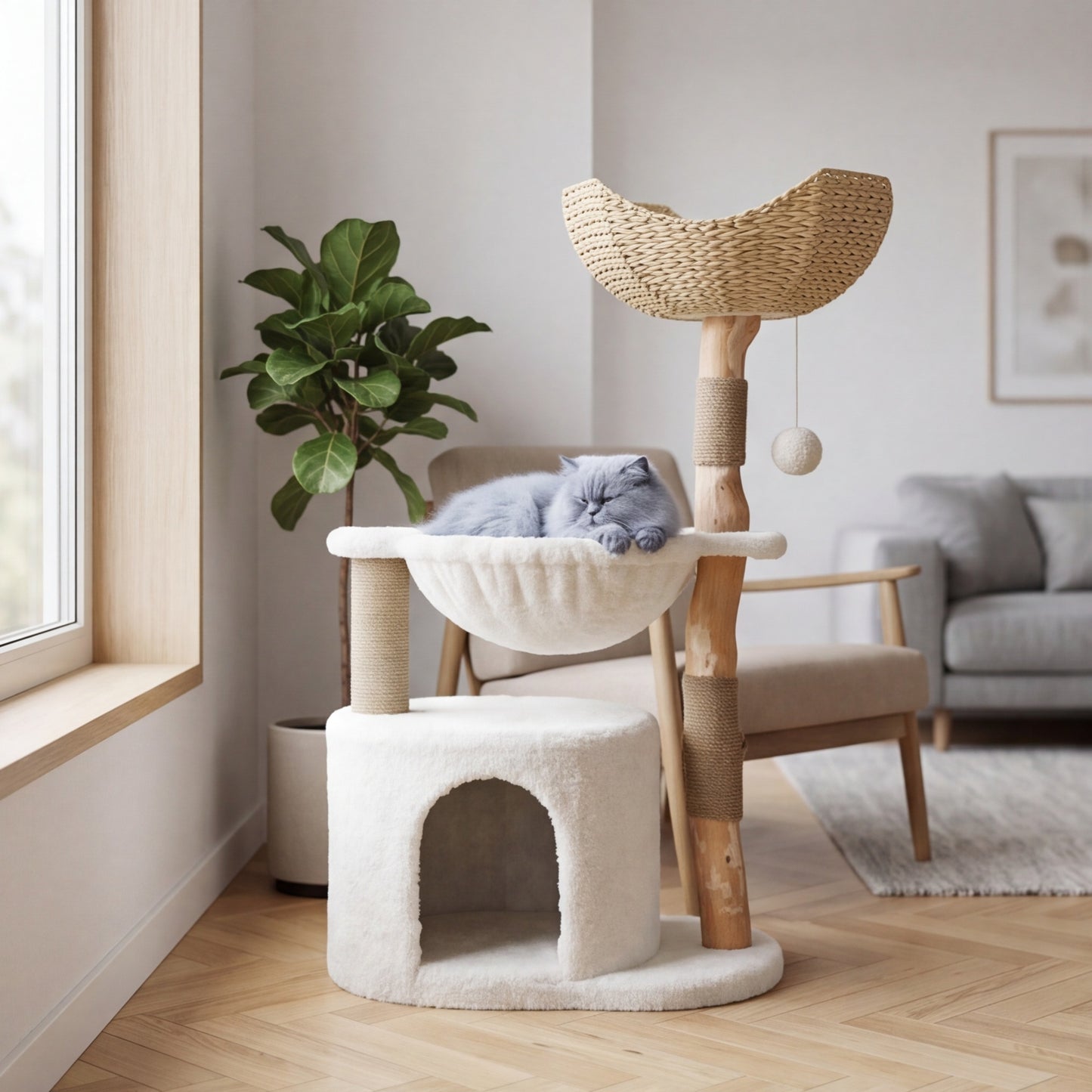 Arbre à chat rotin blanc