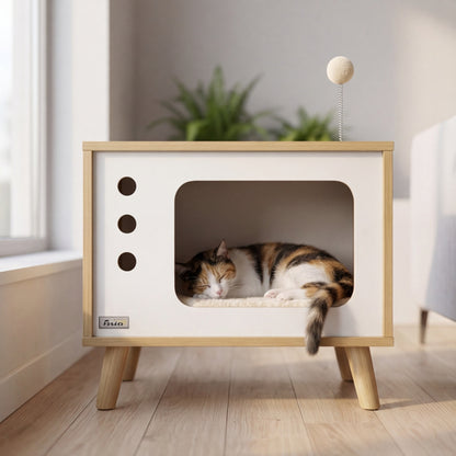 Katzenhaus im Retro-TV-Design mit Kissen und Ball – 50 x 28 x 43 cm