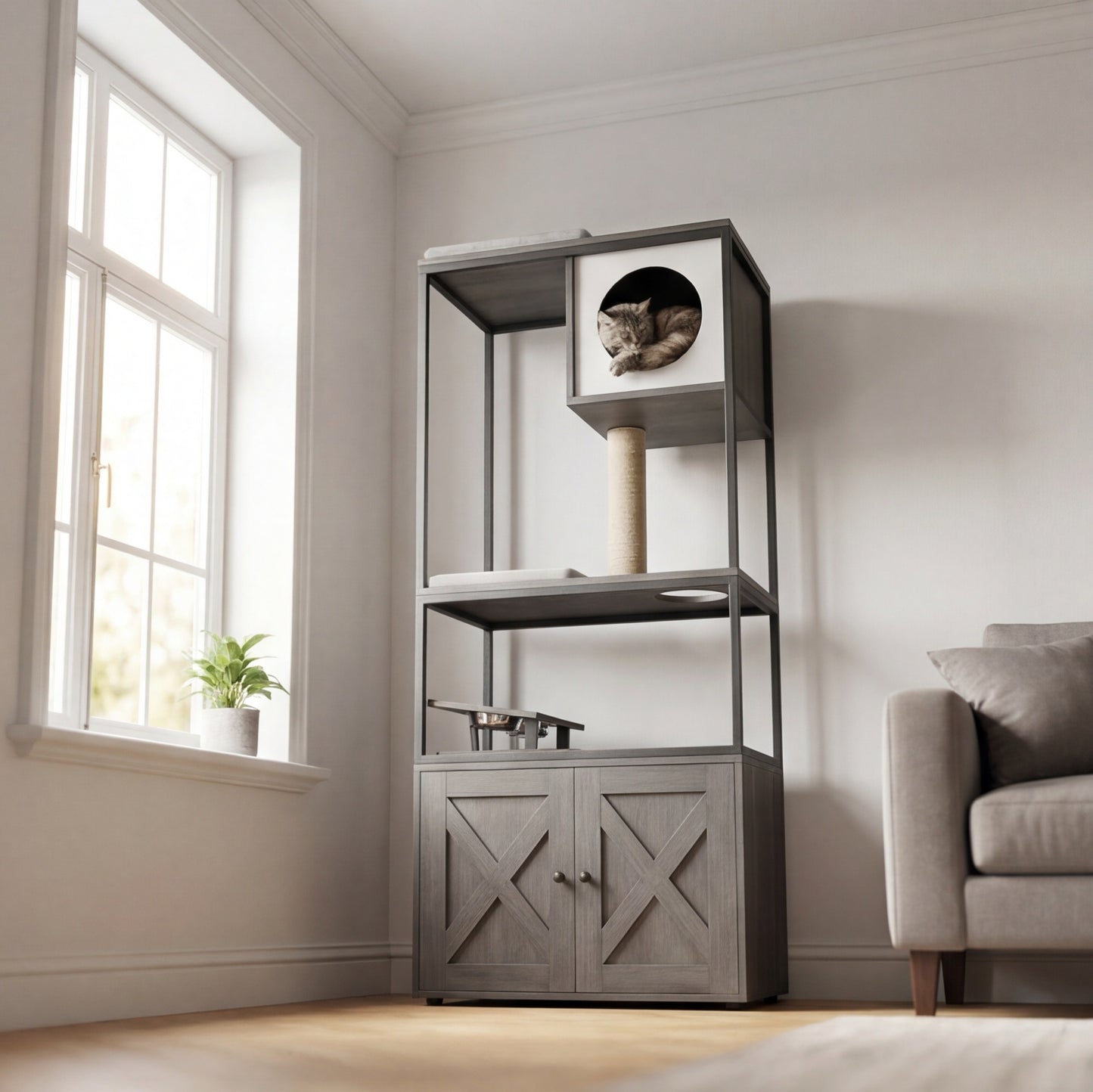 Complete cat tree with integrated litter box and food bowls - 146cm