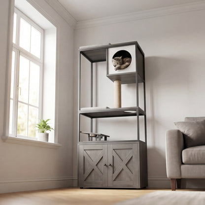 Complete cat tree with integrated litter box and food bowls - 146cm