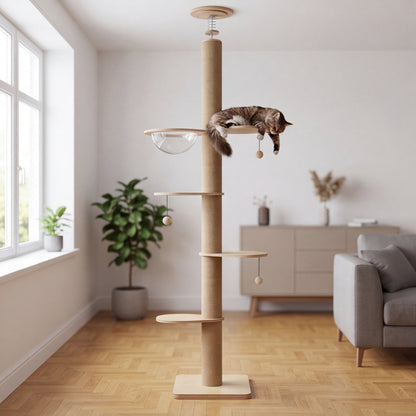 Katzenkratzbaum Deckenhoch aus Holz | Verstellbar 200-261 cm, Sisalkratzflächen, Acrylhöhle