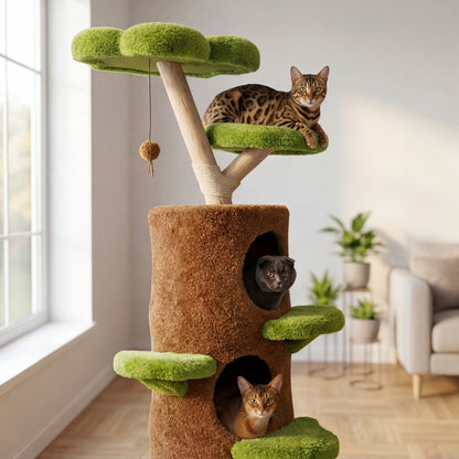 Multi-level solid wood cat tree – 148 cm green and brown