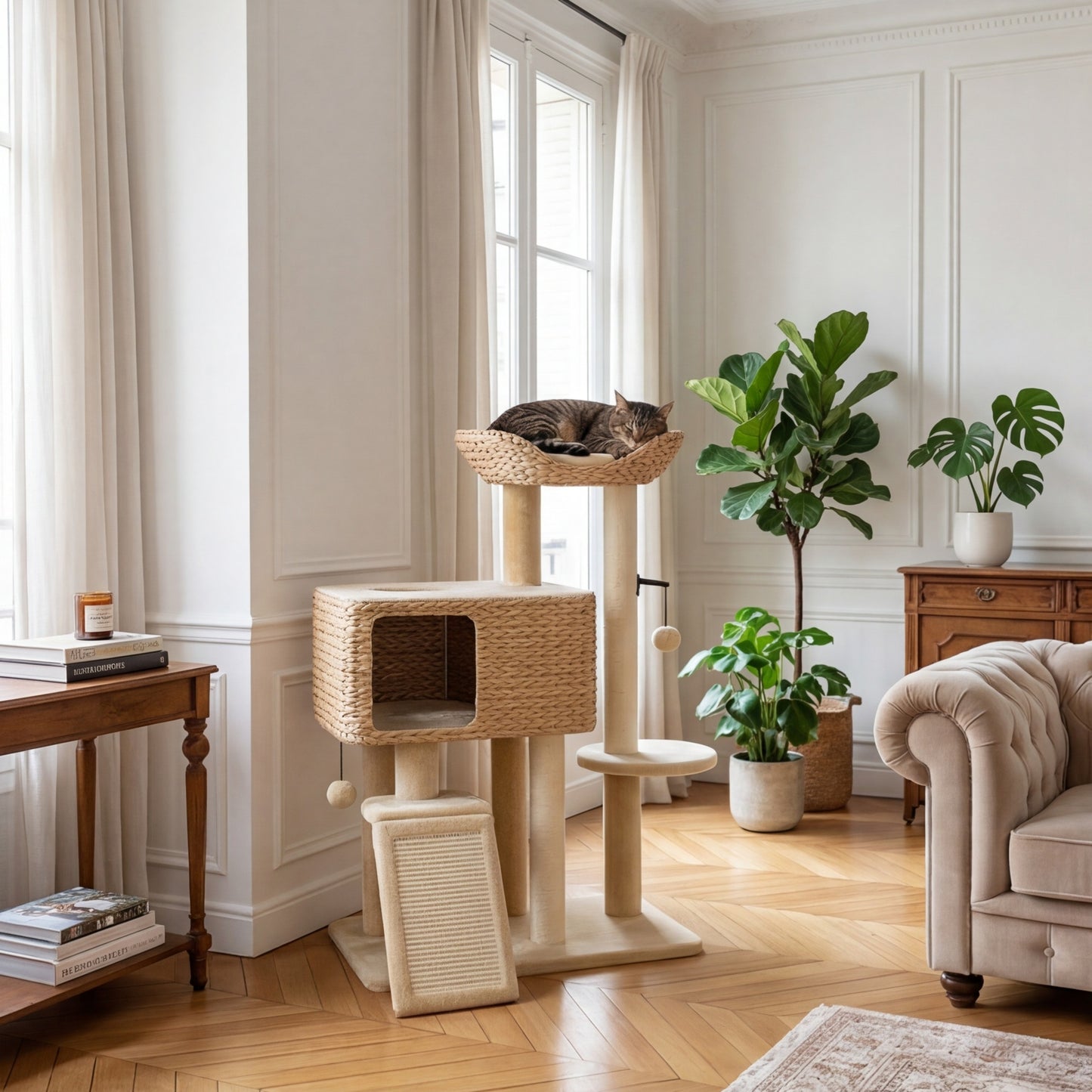 Le Rotin — Arbre à Chat 98 cm Niche Jacinthe d'Eau & Sisal