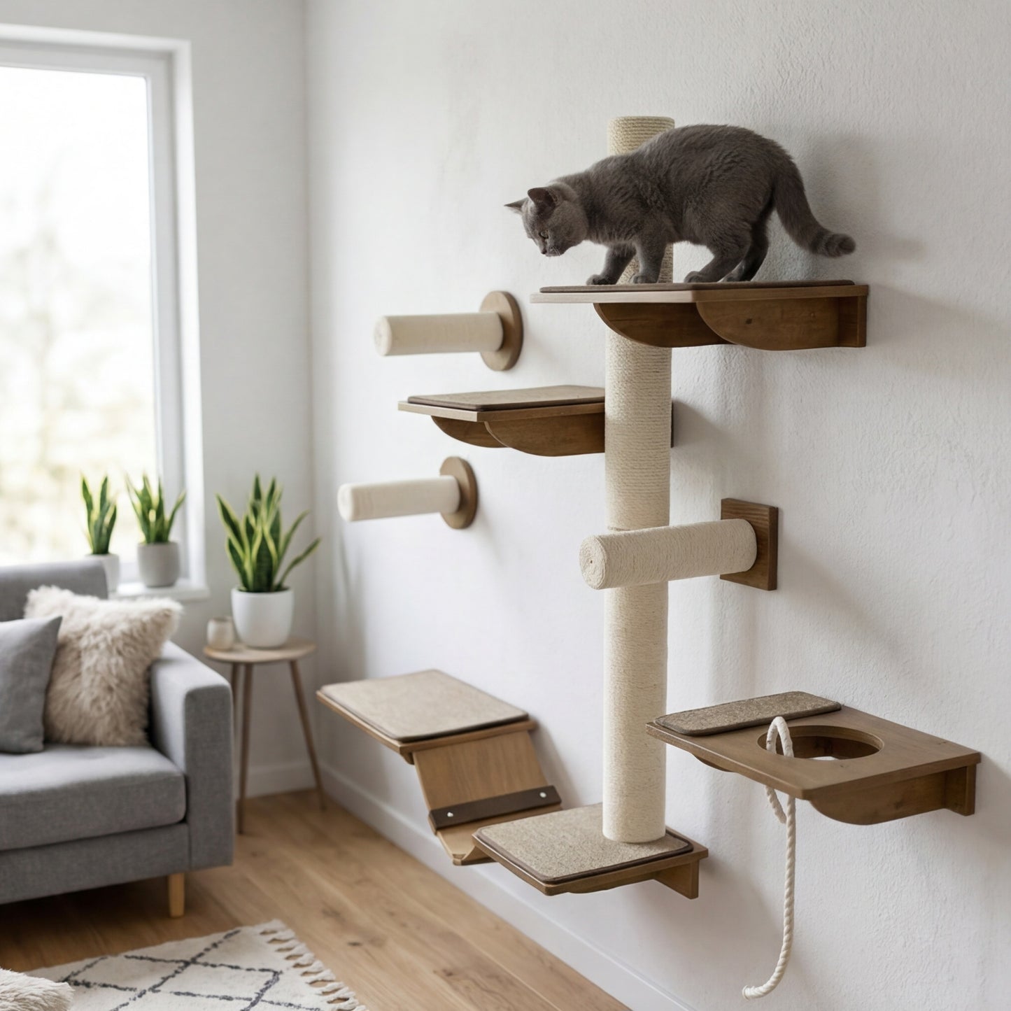Le Châtaignier — Arbre à Chat Mural 8 Pièces Sisal Marron-Crème
