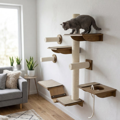 Le Châtaignier — Arbre à Chat Mural 8 Pièces Sisal Marron-Crème