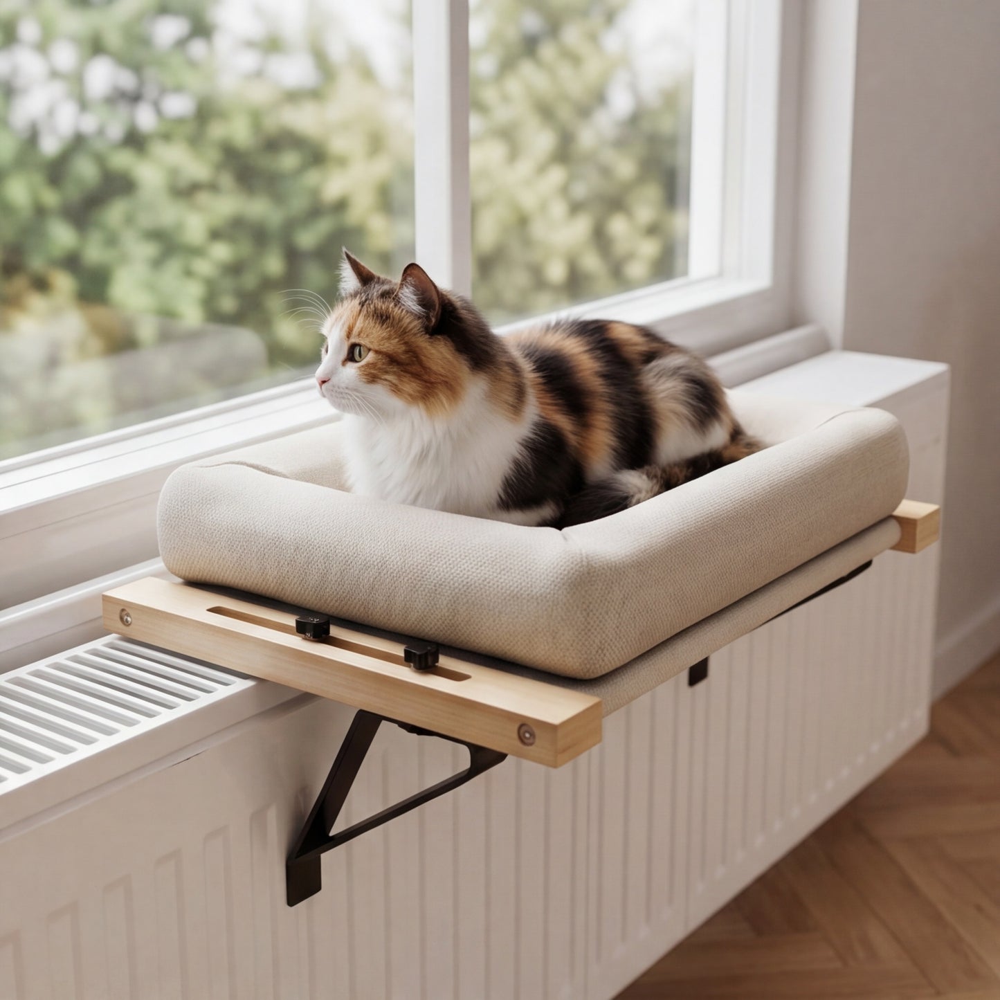 Katzenbett mit Heizkörper und Fenster sowie verstellbarem Ständer – 50 x 36 cm