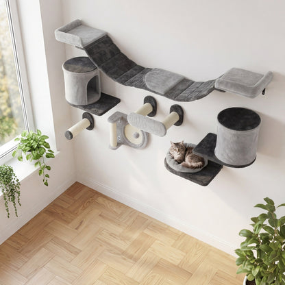 Le Grand Hêtre — Arbre à Chat Mural 11 Pièces Flanelle Gris