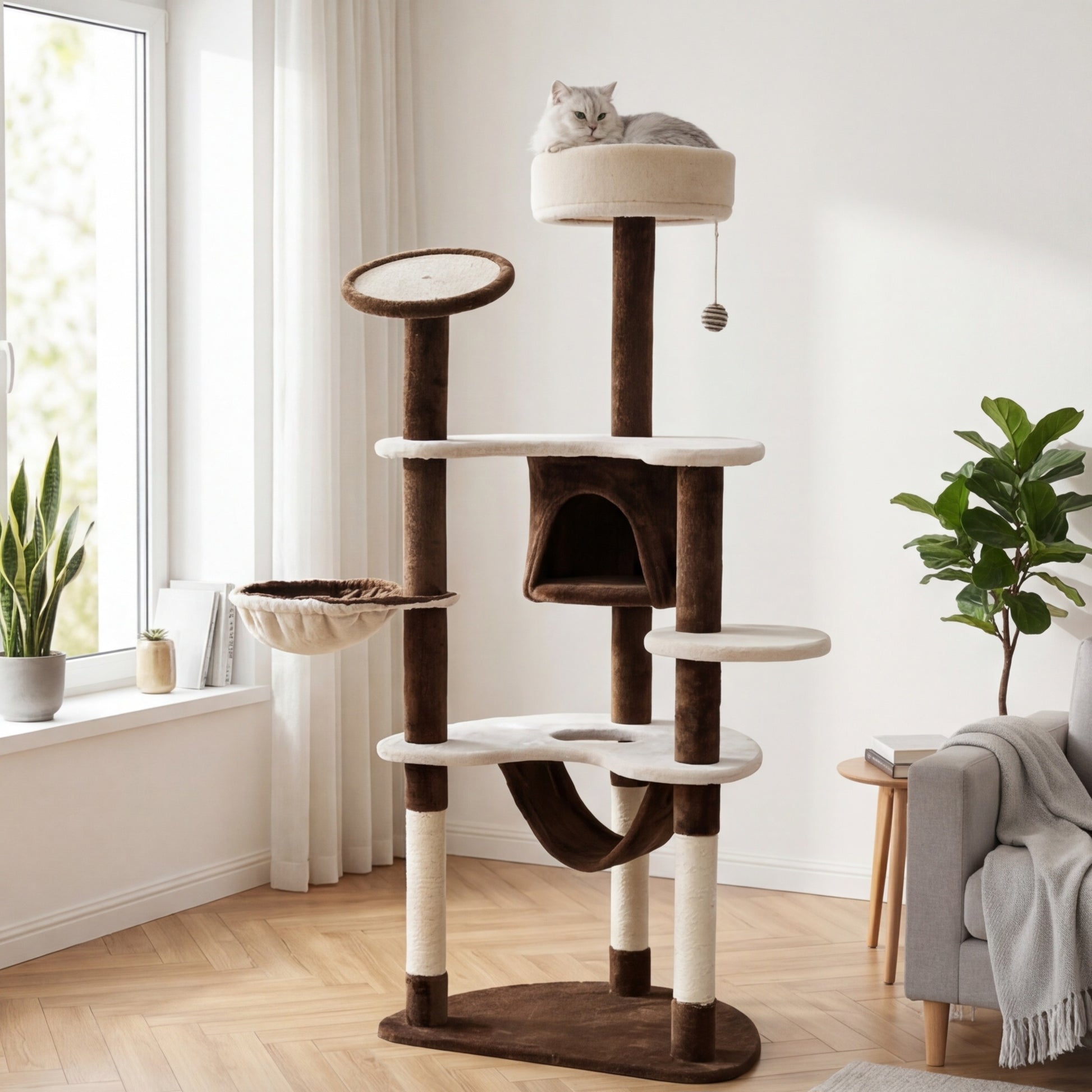 Kratzbaum Matterhorn 153 cm Katzenhaus 2 Hängematten & Sisalkratzbaum — onmycat