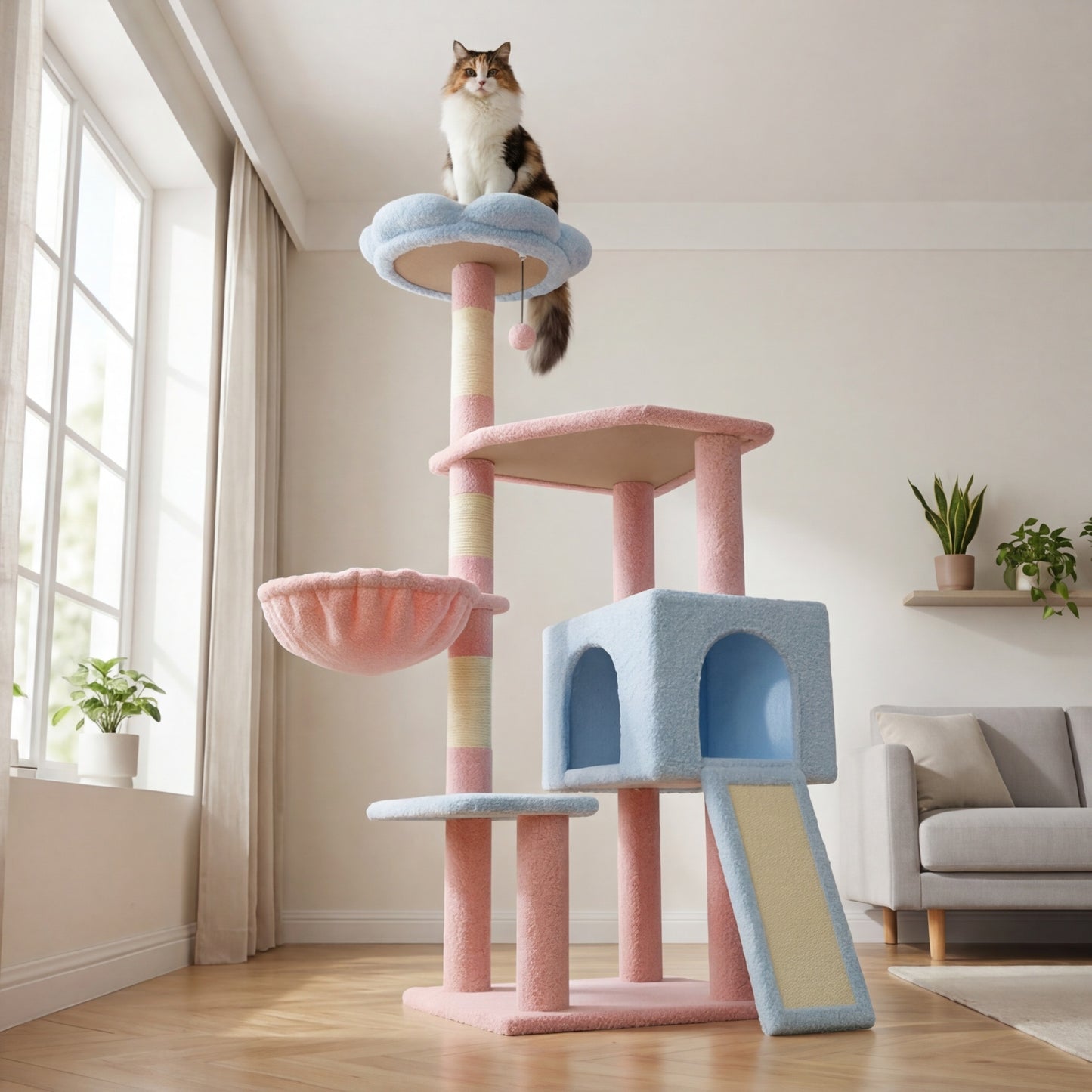La Marguerite — Arbre à Chat 120 cm Perchoir Fleur & Niche 3 Portes