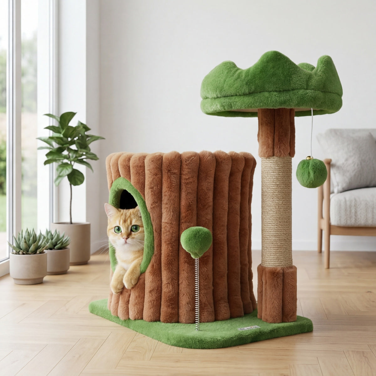 Designer cat tree with scratching post, cave, and bed — 53 cm