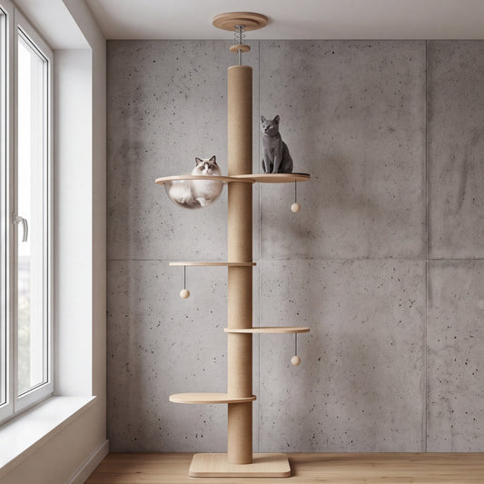 Arbre à Chat Sol-Plafond en Bois | Réglable 200-261 cm, Griffoirs Sisal, Grotte Acrylique