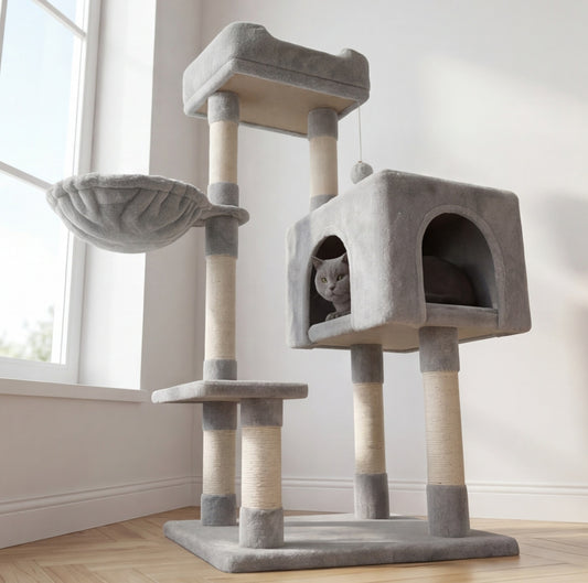 Arbre à chat 100 cm — 7 griffoirs, maison 3 portes et hamac