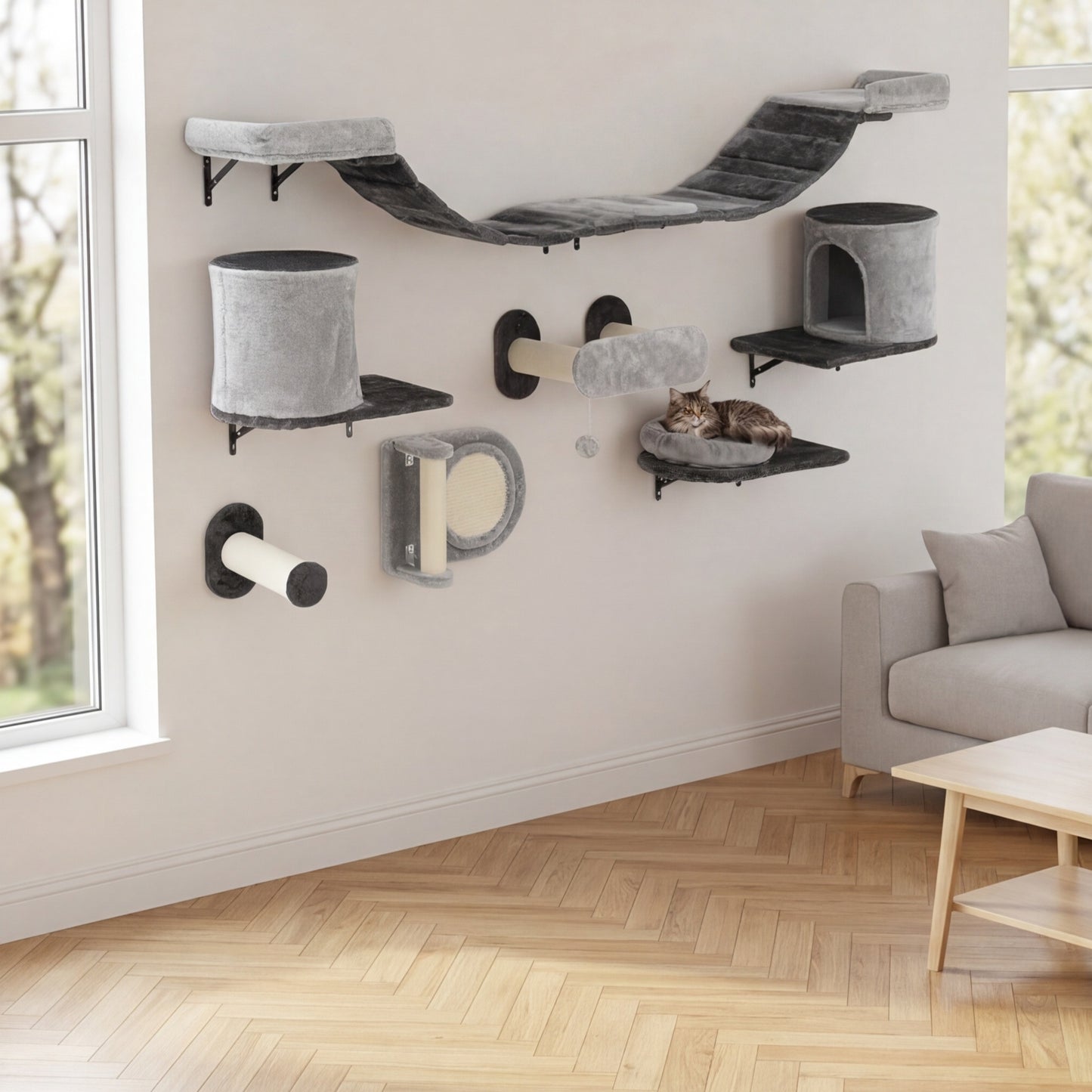 Le Grand Hêtre — Arbre à Chat Mural 11 Pièces Flanelle Gris