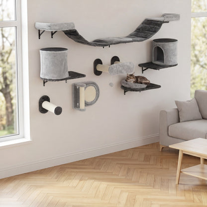 Le Grand Hêtre — Arbre à Chat Mural 11 Pièces Flanelle Gris